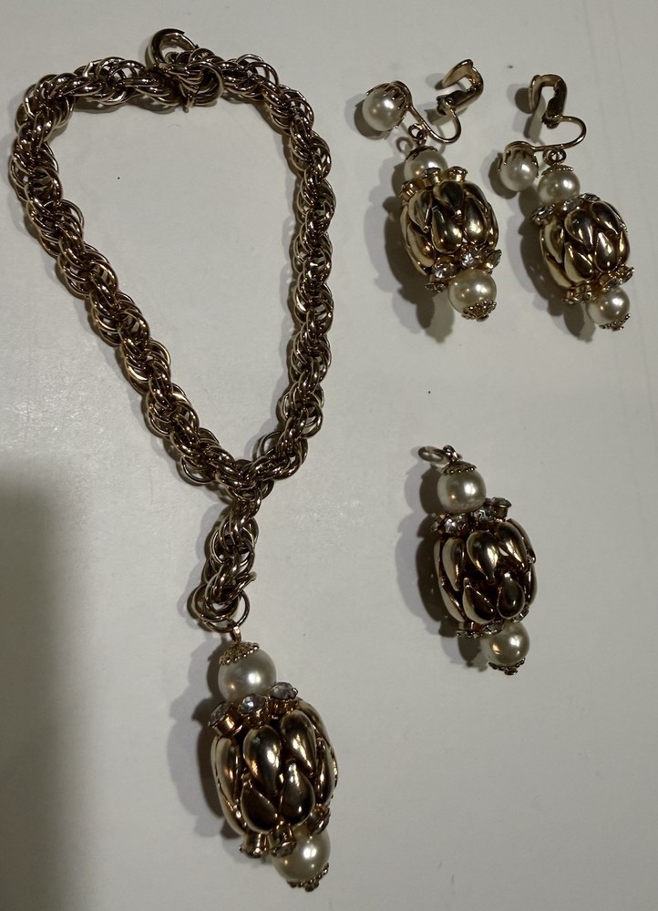 1950s Magic Lantern Gold Tone Rhinestone Earrings Necklace Charm Bracelet Set
