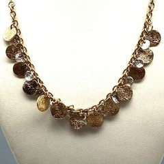 Vintage Chain Bib Necklace with Textured Dangling Discs in Two Tone, Sparkling
