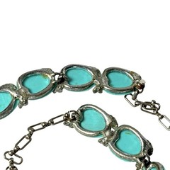 Vintage Turquoise Blue Lucite Sea SHELLS Silver Metal Link Choker Necklace
