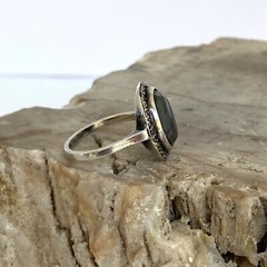VTG Sterling Silver 935 +W+ Oval Faceted Hematite & Marcasite Ring Sz 6.25