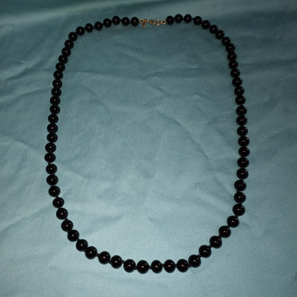Monet Glass Bead Necklace Black Hand Knotted Gold Tone Clasp Vintage Signed J1