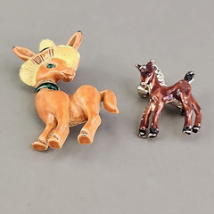 Vintage Enamel Horse Brooch Lot of 2 Brown Donkey With Hat 1 – 1 .75″