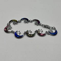 Celestial Moon Star⭐️Rainbow Dyed Abalone Charm Vintage Bracelet 7 Inch EUC