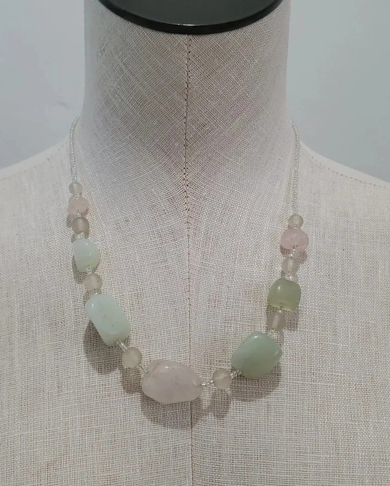 Artison Stone Glass Asymmetrical Pink & Green Beaded Necklace 19”