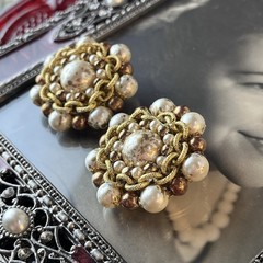 Vintage 1950s Cluster Clip-On Earrings 1.5” – Faux Pearl & Bronze Beads – Round
