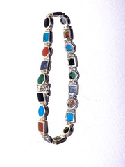 Vintage Sterling Silver Multi-Gemstone Signed Link Bracelet-Hinged-Flexible