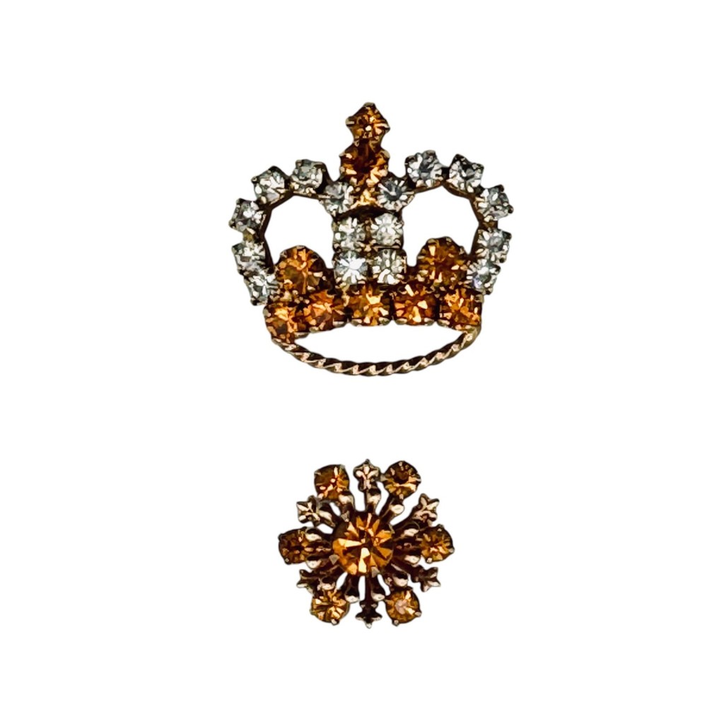 Vintage Crown Brooch Starburst Scatter Pin Gold Tone Rhinestones 2pc Prong-Set