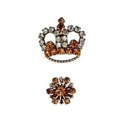 Vintage Crown Brooch Starburst Scatter Pin Gold Tone Rhinestones 2pc Prong-Set