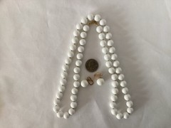 Vintage White Bead Gold Tone Necklace(no Brand) AND Clip On Earrings (Trifari)