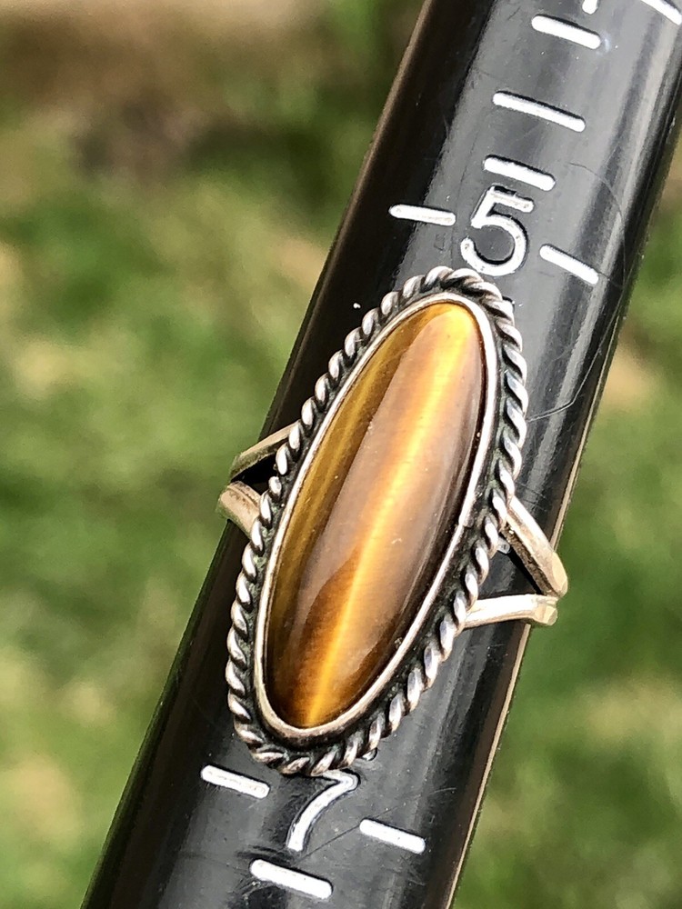 Natural Tiger Eye Oblong Sterling Silver 925 Striped Brown Gemstone Ring Sz 6