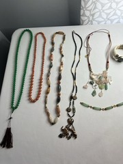 Vintage Asian Jade Rose Quartz Carved Beaded Necklaces Bracelet Jewelry Lot 7pcs
