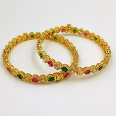 Luxury Ruby Emerald CZ Bangle Set, 22k Gold Plated, Elegant Traditional Wear