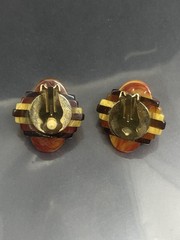 Vintage Brown Yellow Amber Art Deco Style Layered 1.25” Clip On Earrings