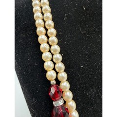 Vintage Faux Pearl and Ruby Red Faceted Glass Double Strand Necklace 24 Inch