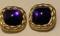 Vintage TriffariGold Tone Clip Earrings Signed Faux Amethyst Cabochon 1 1/4