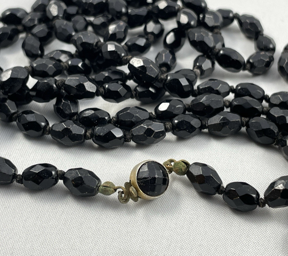 Vintage Jet Black Beaded Necklace Flapper Extra Long Made In Austria about 56″