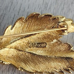 Vintage MONET Signed Brooch Pin 2” Gold Tone Textured Double Leaf Quiet Elegance