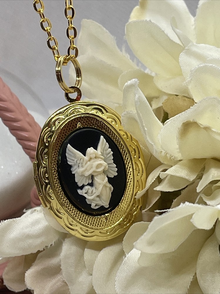 Angel Easter Spring Wedding jewelry Cameo Locket Pendant Necklace Gold Mom