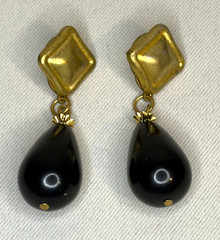 Vintage 80s Brushed Gold Jet Black Teardrop Dangle Stud Earrings Geometric 1.75”