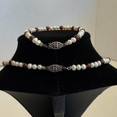 Vintage Rice Pearls & Almandine Garnet Gemstones Beaded Necklace & Bracelet Set