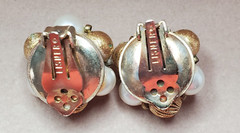 Vintage Lisner Clip On Earrings Gold Tone Pearl Bead Cluster Clear AB Crystal
