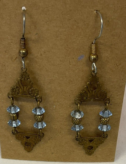 Used Vintage Gold Dangle Earrings With Blue Color Stone