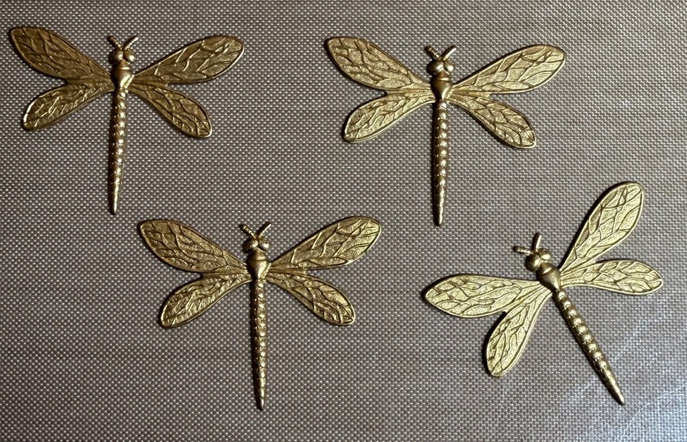 Vintage Brass Dragonfly Stampings 36mm Nature Jewelry Findings Lot of 4 NOS