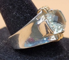 Vintage Sterling Silver 925 Large Cushion-Cut Aquamarine & Gold Accents Size 8.5