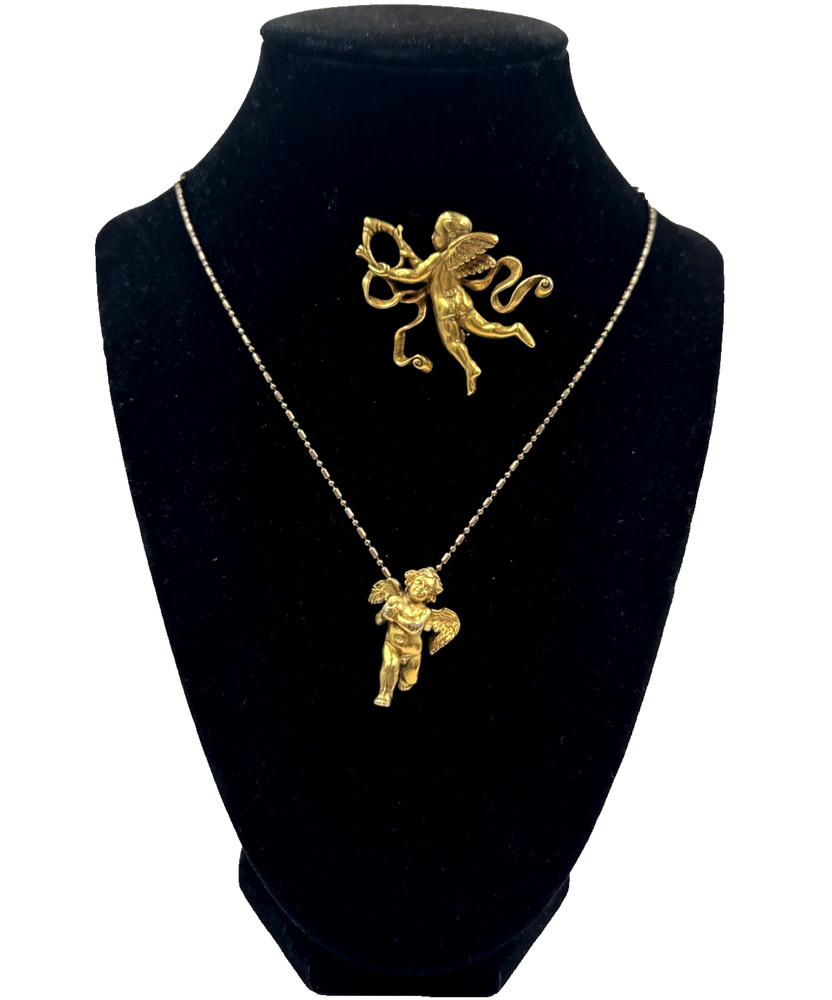 MMA SIGNED METROPOLITAN MUSEUM OF ART NYC SET NECKLACE BROOCH GOLD FILLED CUPID