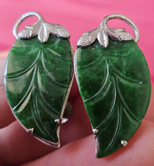 RARE Solid 14k White Gold Carved Spinach Green Jade Large Vintage Earrings