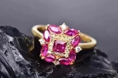 Art Deco Vintage Princess Cut Ruby & Lab Created Diamond 14K Yellow Gold FN Ring