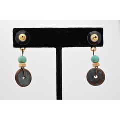 Vintage Dangle Earrings Turquoise Blue Beaded Brushed Gold Matte 1980s BinAZ