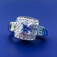 Tanzanite DIAMOND Deco Halo Style Engagement RING SOLID 14K WHITE GOLD Solitaire