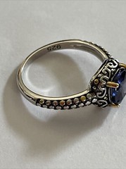 Simulated Square Blue Sapphire Stone Ring Scrolls & Beading on Band Size 8