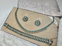 VTG B. David Faux-Emerald Rhinestone F Seed Pearl Necklace Earrings Bracelet SET