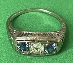 18k White Gold Art Deco Natural European Cut Diamond & Sapphire Ring