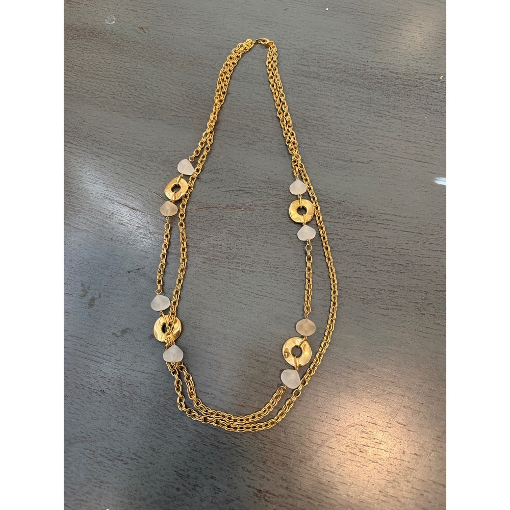 Vintage Gold Tone Double Strand Long Chain Necklace Frosted Beads Donut Charms
