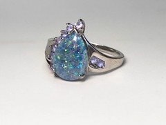 Vintage Estate BLACK-BLUE AUSTRALIAN FIRE OPAL & Tanzanites Sterling Silver Ring