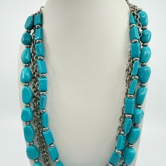 Vintage Silver Tone Turquoise Color Necklace Multi Strand Chunky Layered Chain