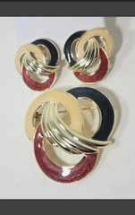 Vintage Estate Pearlescent BROOCH EARRING SET Cream Blue Maroon GoldTone EUC