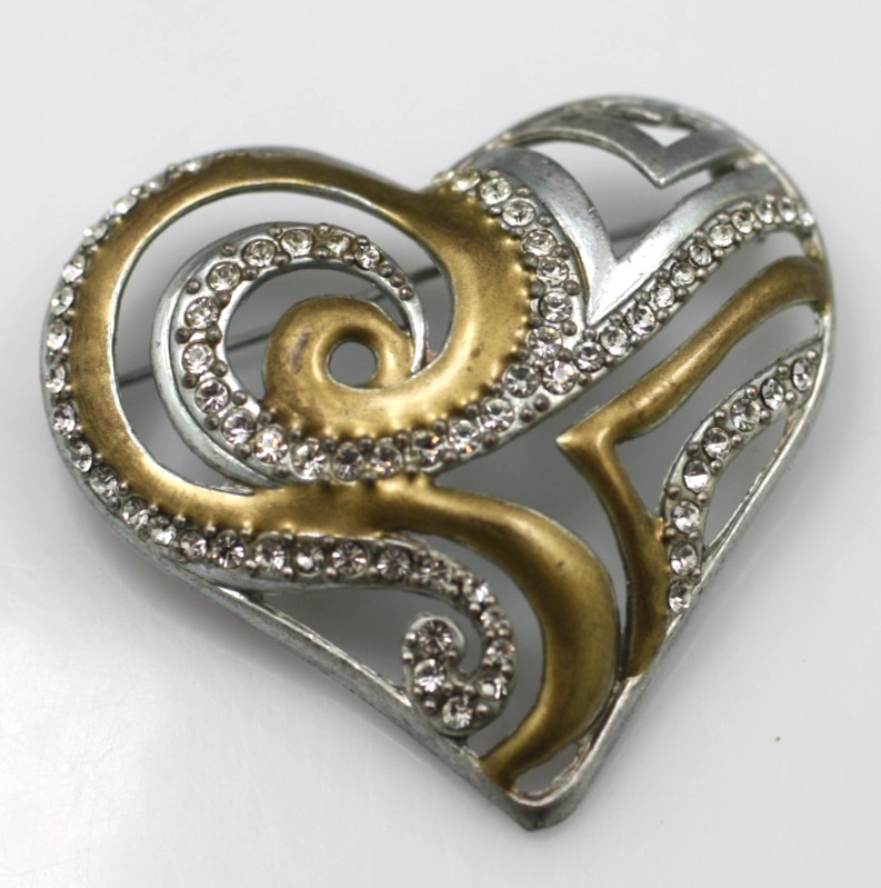 Signed Chico’s Have a Heart Brooch Pin Silvertone, Gold tone Rhinestones 2008