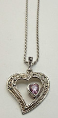 Sterling Silver Marcasite Double Heart Pink CZ Pendant and 16″ Rope Necklace