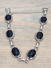 Silver Tone Faux Black Onyx Glass Oval Gemstone Bracelet
