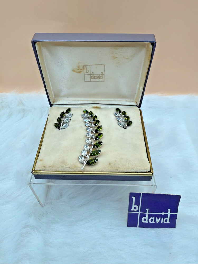 Vintage B David Rhinestone Brooch & Clip-on Earring Set w/ Green & Clear Stones