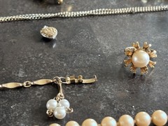 Vintage 16 Pc Faux Pearl Jewelry Lot MIA Brooch Necklaces Earrings Barrettes