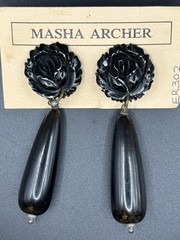 VTG MASHA ARCHER HAND CARVED ROSES/COW BONE. DANGLES OF TINTED BUFFALO HORN.