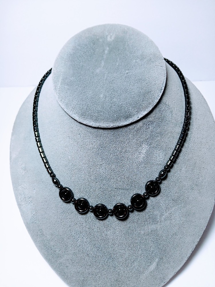 Vintage Hematite Modernist Necklace Glass Beads Barrel Clasp 18 Inch 1980s 1990s