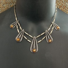 Silver Filigree Bib Necklace Boho Statement Vintage Ethnic Layered Israeli Brown