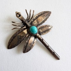 Vintage Southwestern Dragonfly Brooch Turquoise Sterling Silver Pin