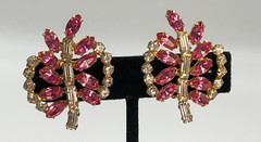 Vintage 1950s B. David Pink & Clear Rhinestone Clip Earrings Mid Century Mod